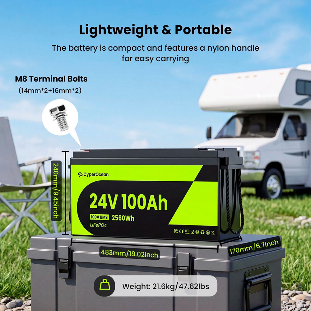 Аккумулятор LiFePO4 24V 100Ah (25.6V) 2560Wh | 100A BMS, 6000 циклов CyperOcean