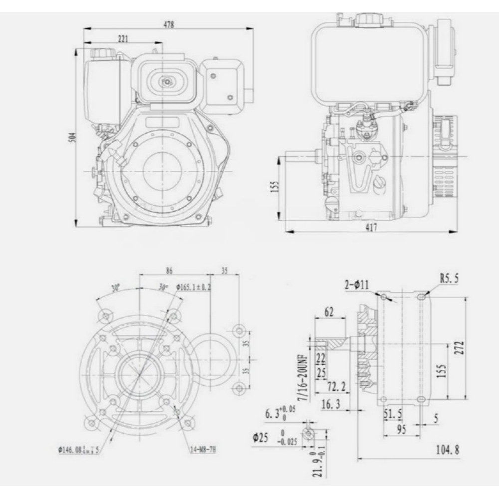 Двигатель дизельный 15 л.с., шпонка 25 мм, эл.старт Weima WM195FE